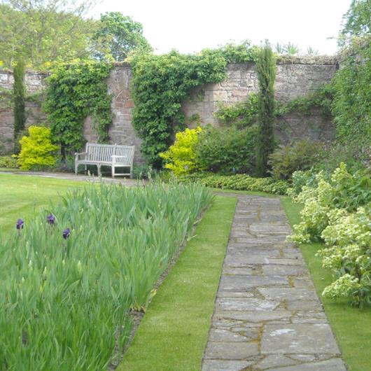 Walled garden with path leading to bench