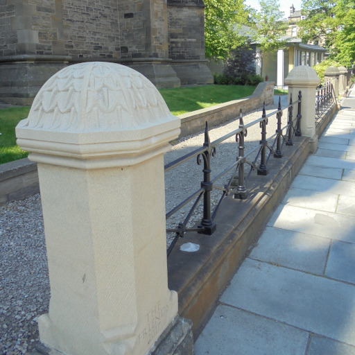 Replica stone pillars and cast iron railings, St Mary's Cathedral Edinburgh